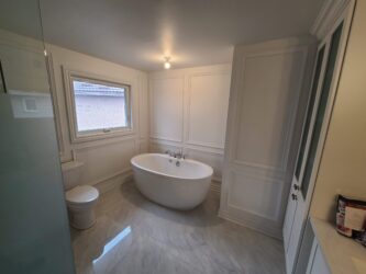 Full wall wainscoting, double level in the washroom, Oakville, ON