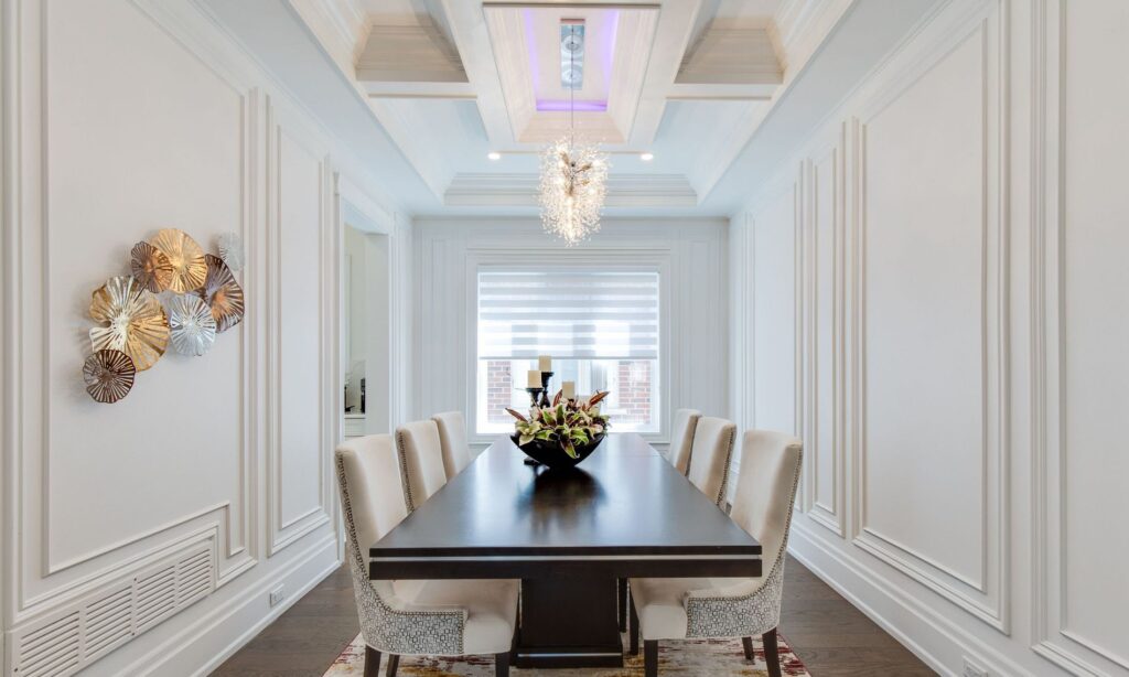 Gorgeous Full wall wainscoting, single level and waffle ceiling in the dining room at the house in Kleinburg