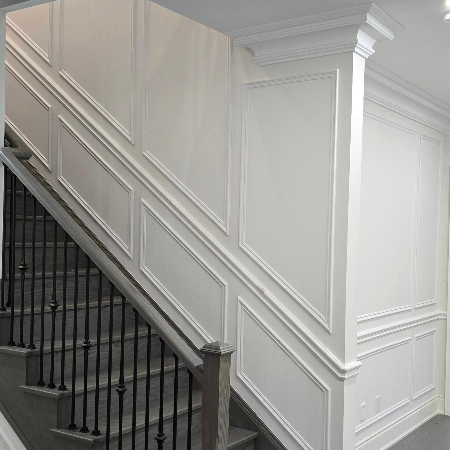 Full wall wainscoting, double level with chair rail on the staircase, baseboard, crown moulding, in King City, ON
